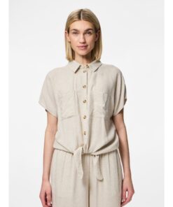 Alternative view of PIECES PCPIA LINEN BLEND SS TIE SHIRT Beige