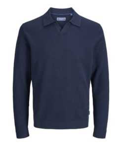 JACK&JONES JPRBLURILEY KNIT SPLIT NECK LS Tummansininen