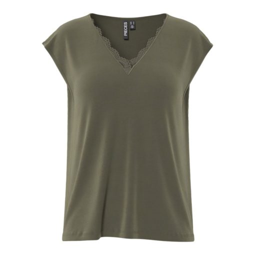 PIECES PCKAMALA LACE V-NECK TEE Havunvihreä