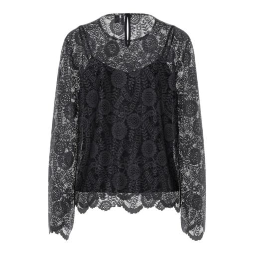PCOLLINE LS LACE O-NECK TOP Musta